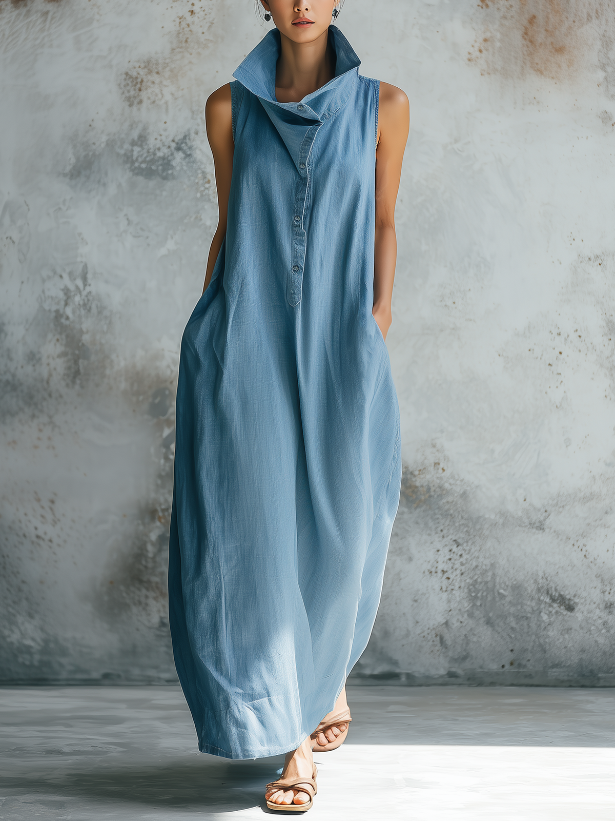 Light Wash Sleeveless Denim Maxi Dress | Collared Henley Casual Dress