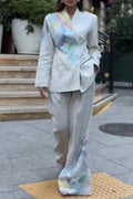 Women Round Neck Dyed Jacket + Wide Leg Pants Temperament Commuting Formal Suit
