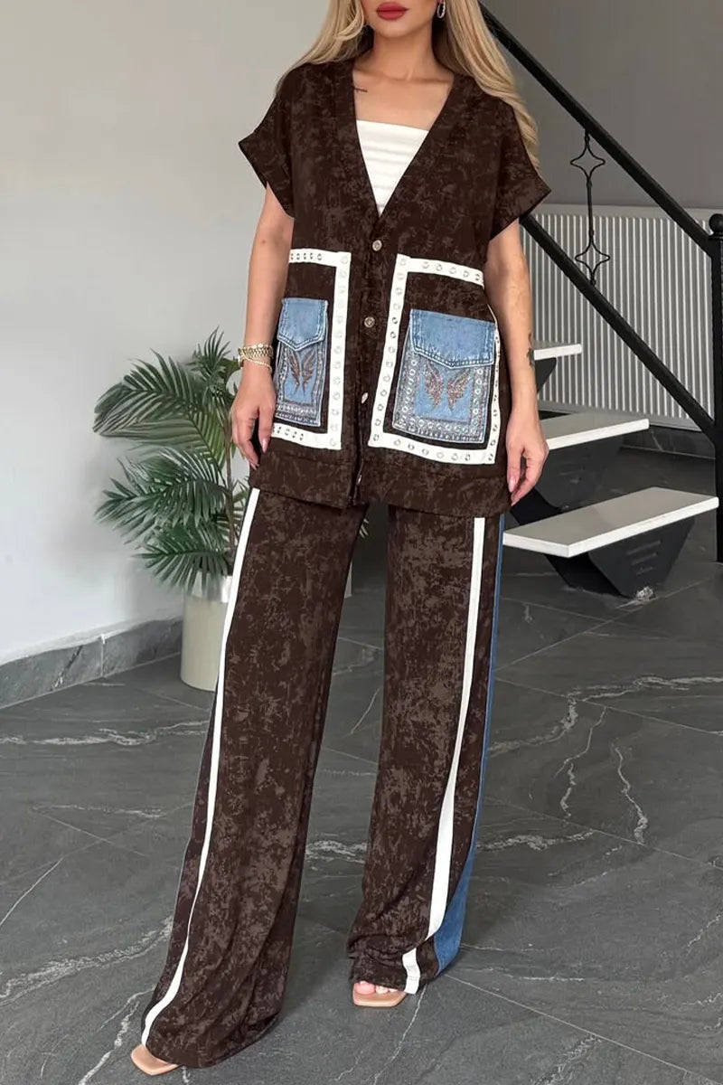 Women V-neck Printed Patchwork Denim Cardigan+ Pants Casual Set