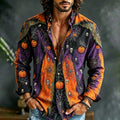 Men's Retro Halloween Color-blocked Spider Pumpkin Skull Print Long-sleeve Cotton Linen Shirt