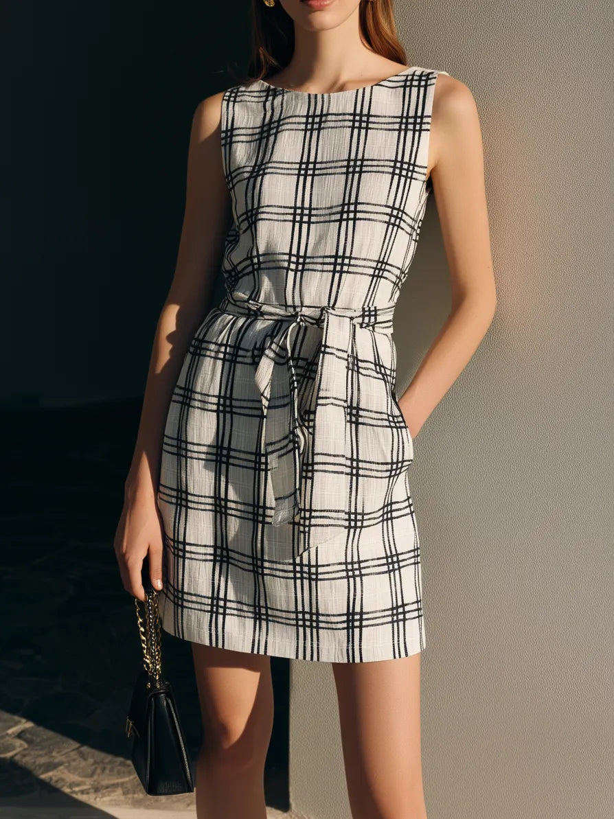 Women's Elegant Black & White Plaid Cotton-Linen Short Dress — Crew Neck, Sleeveless, Loose Fit MDZ2741D6LXY