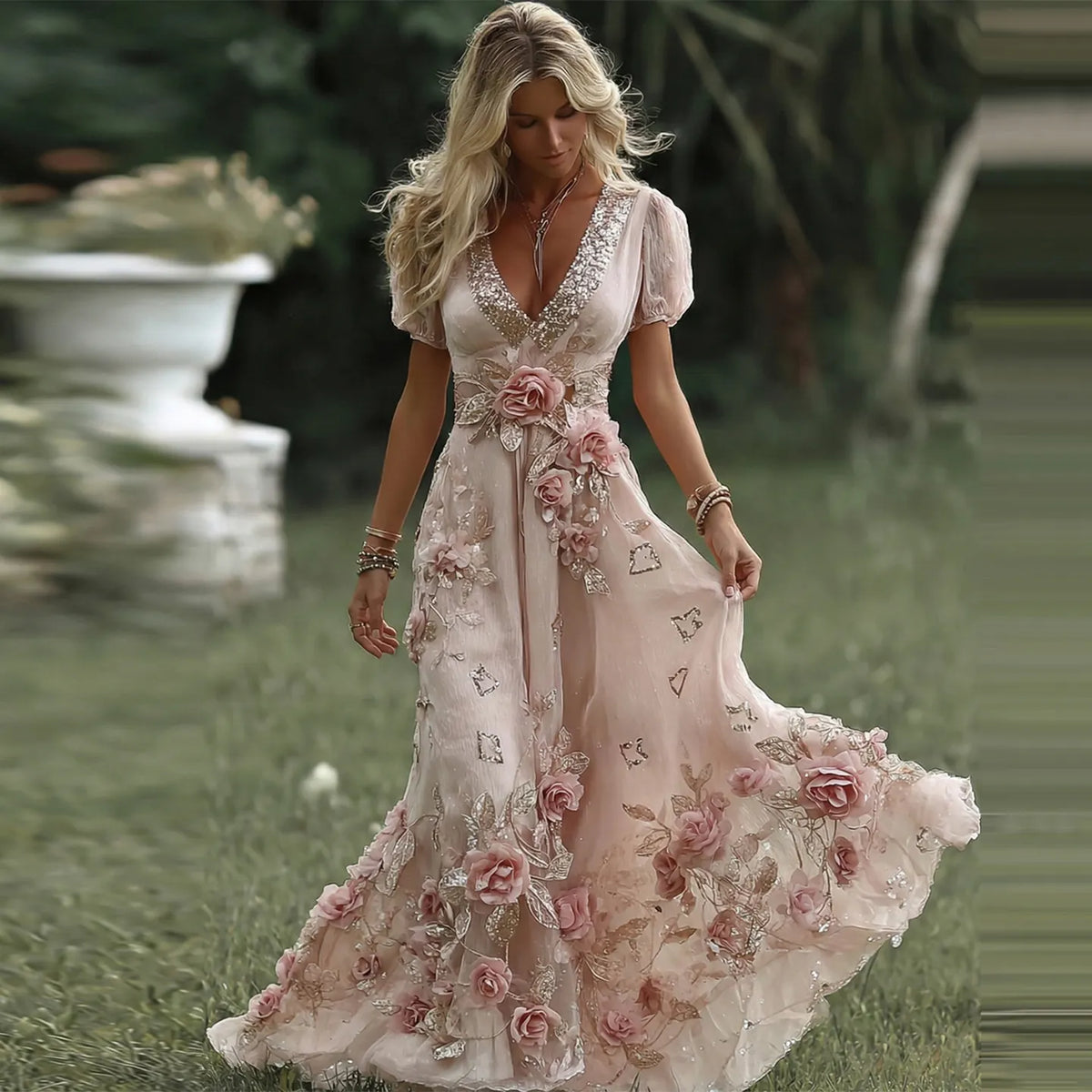 Women's Vintage Pink Rose Embroidered Art Pattern V-neck Short Sleeve Midi Dress