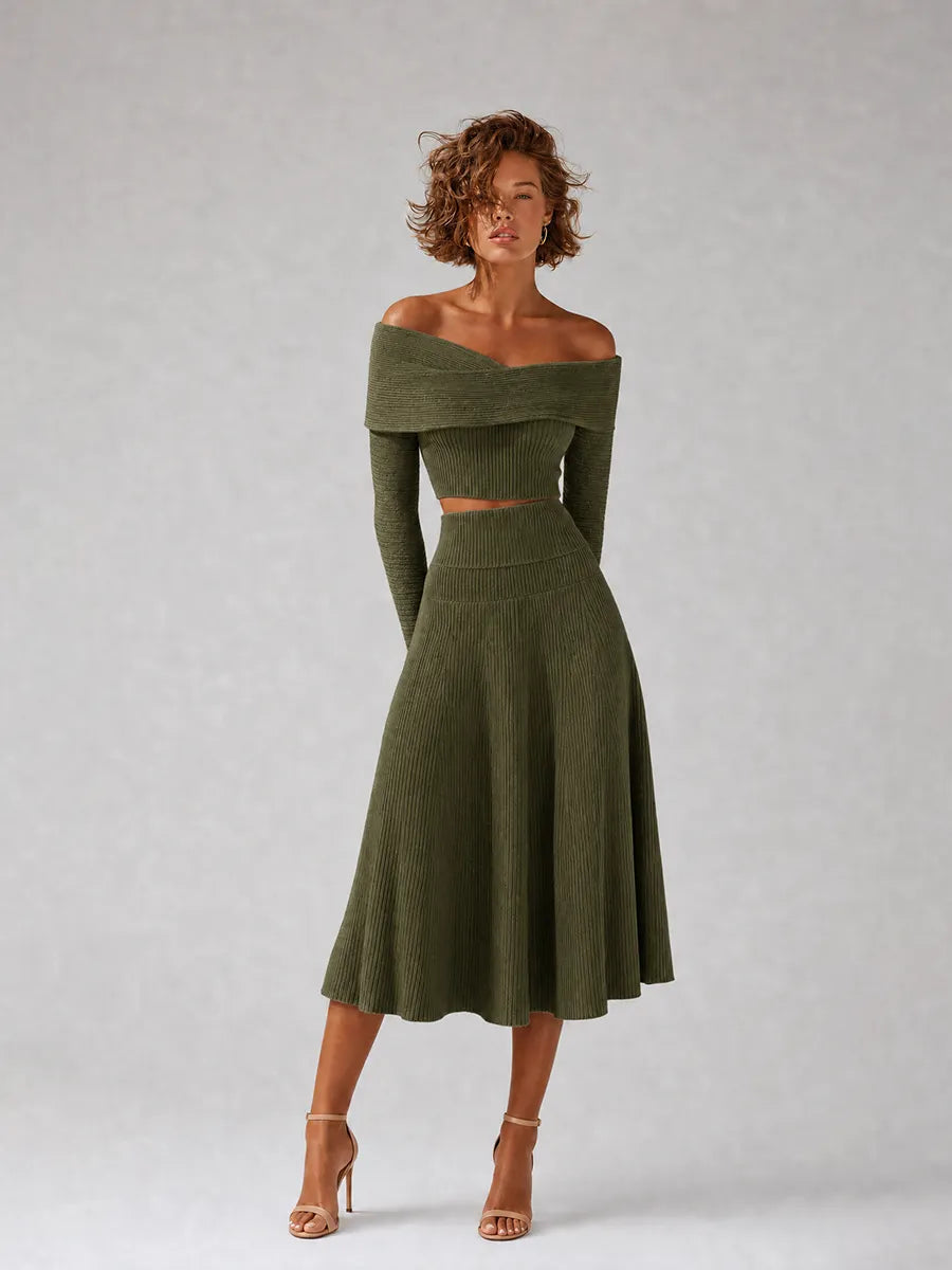 Women's Elegant Green Ribbed-Knit Off-Shoulder Crossover-Neck Long-Sleeve Cropped Top & High-Waisted A-Line Midi Skirt Set MDZ2462G3CMX