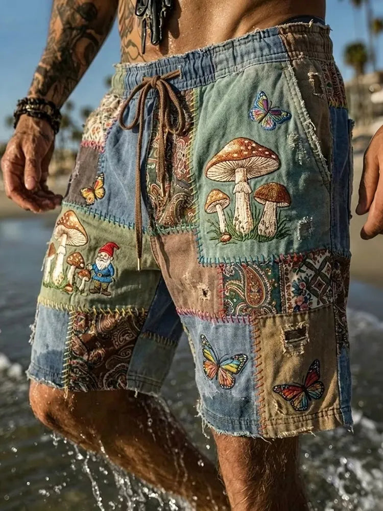 Men's Colorful Hippie Sun And Mushroom Pattern Casual Linen Blend Shorts
