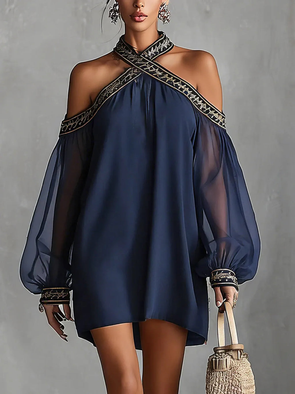 Navy Off-Shoulder Chiffon Mini Dress