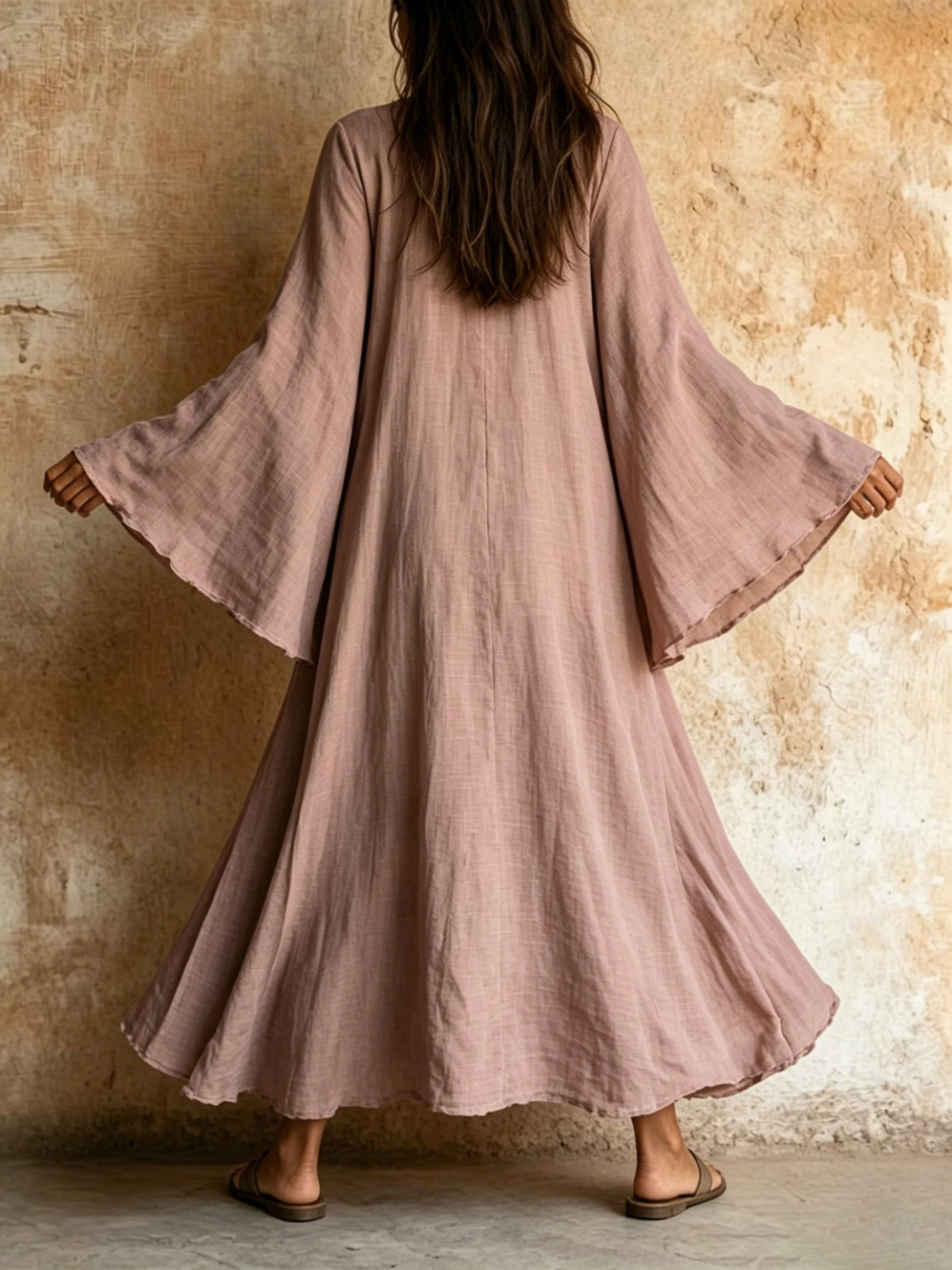 Cotton-Linen Long Dress with Flared Sleeves
