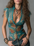 Retro-Print Chiffon Paneling Blouse With Ruffle Trim
