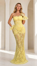 Strapless Floral Lace Corset Mermaid Evening Gown with Gloves