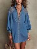 Elegant Blue Lace Yoke Shirt Dress