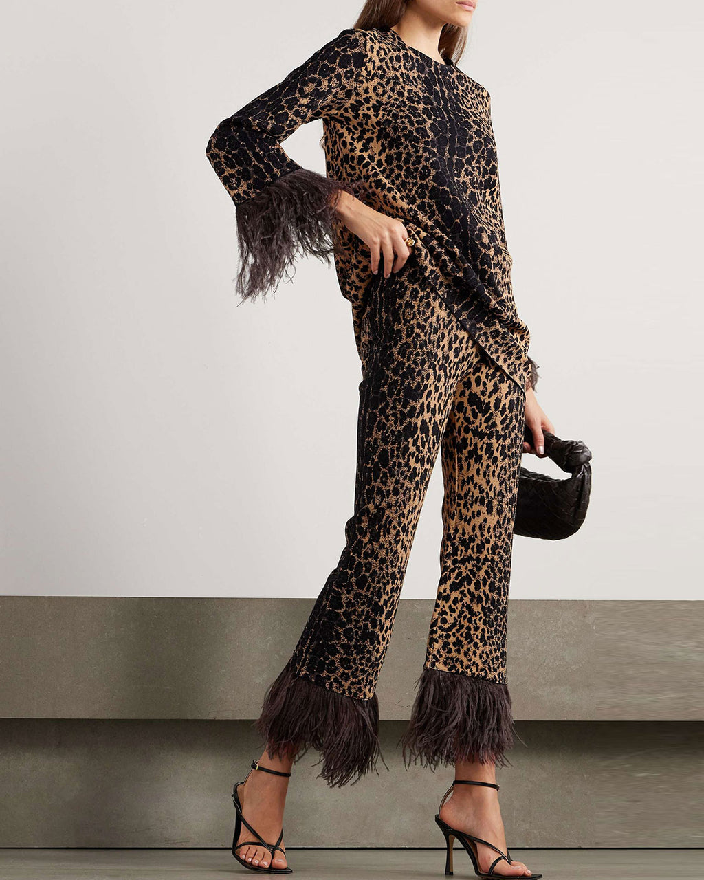 Feather-Trimmed Jacquard-Knit To And Pants Two-Piece Set