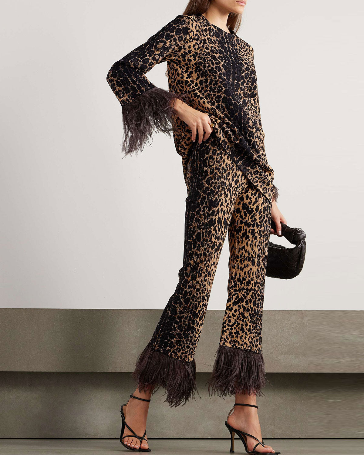 Feather-Trimmed Jacquard-Knit To And Pants Two-Piece Set