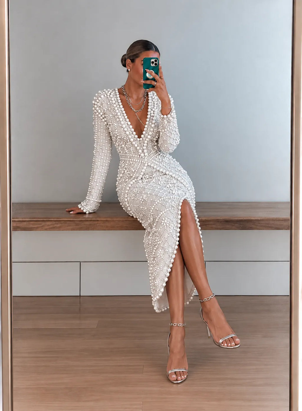 White Pearl Embellished Deep V Midi Party Dress