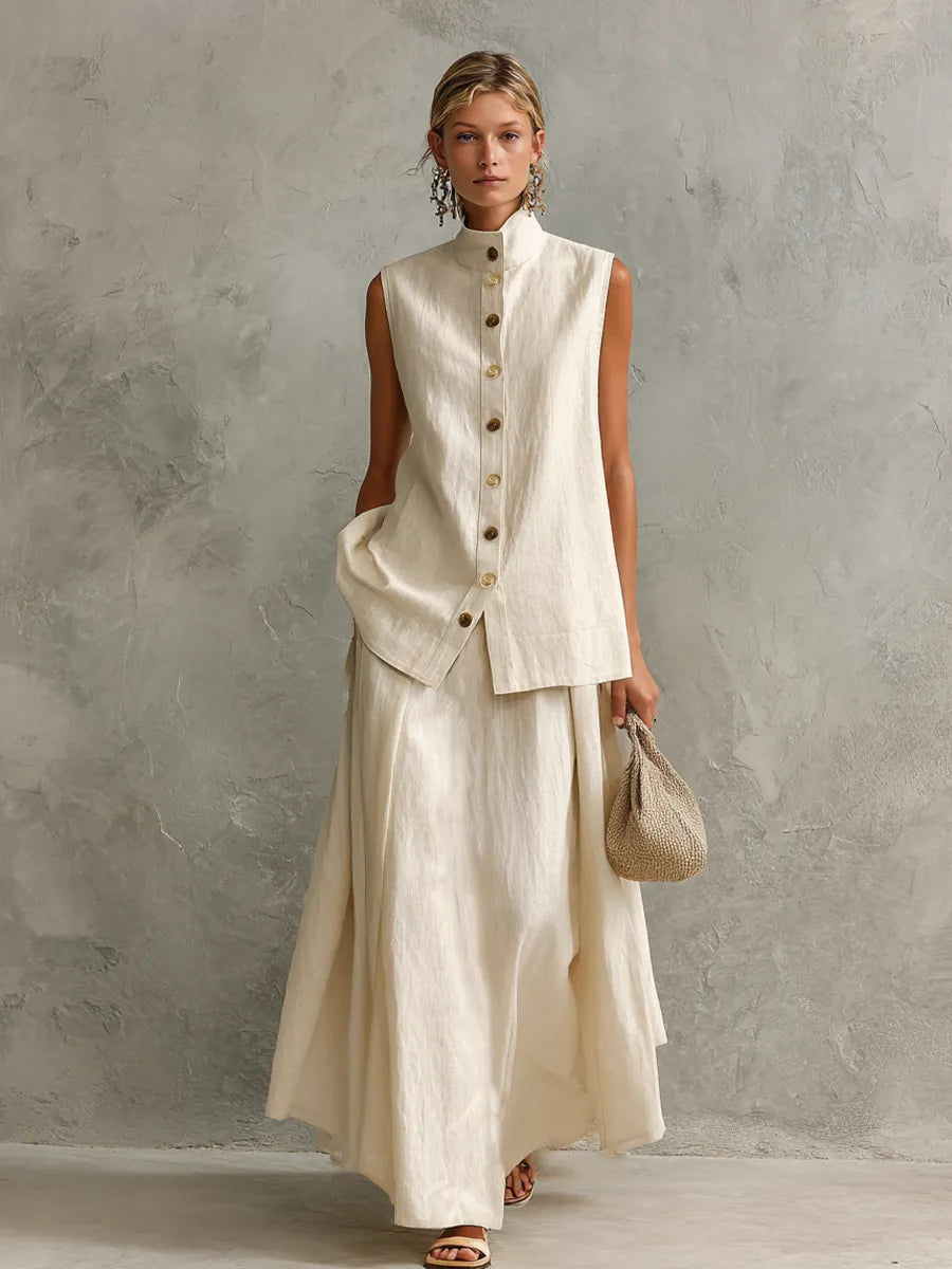 Women's Relaxed Off-White Linen-Cotton Two-Tone Button Stand Collar Sleeveless Vest And Maxi Skirt Two-Piece Set MDZ2485D5GMJ