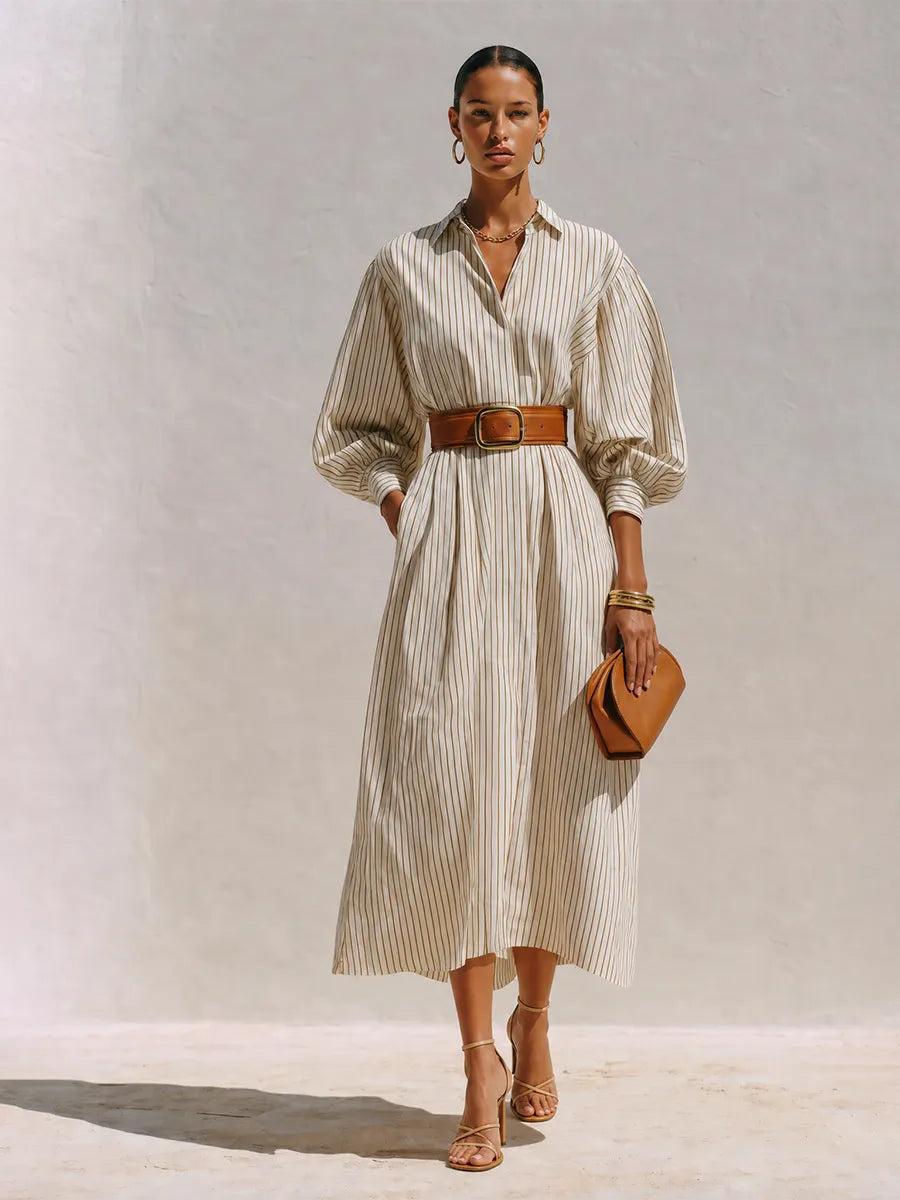 Women's Elegant Ivory Cotton Blend Pinstripe Collared Button-Front Balloon Sleeve Belted Midi Shirt Dress MDZ0739G0ZSQ