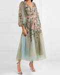 Mesh V-neck Printed Midi Dress-01