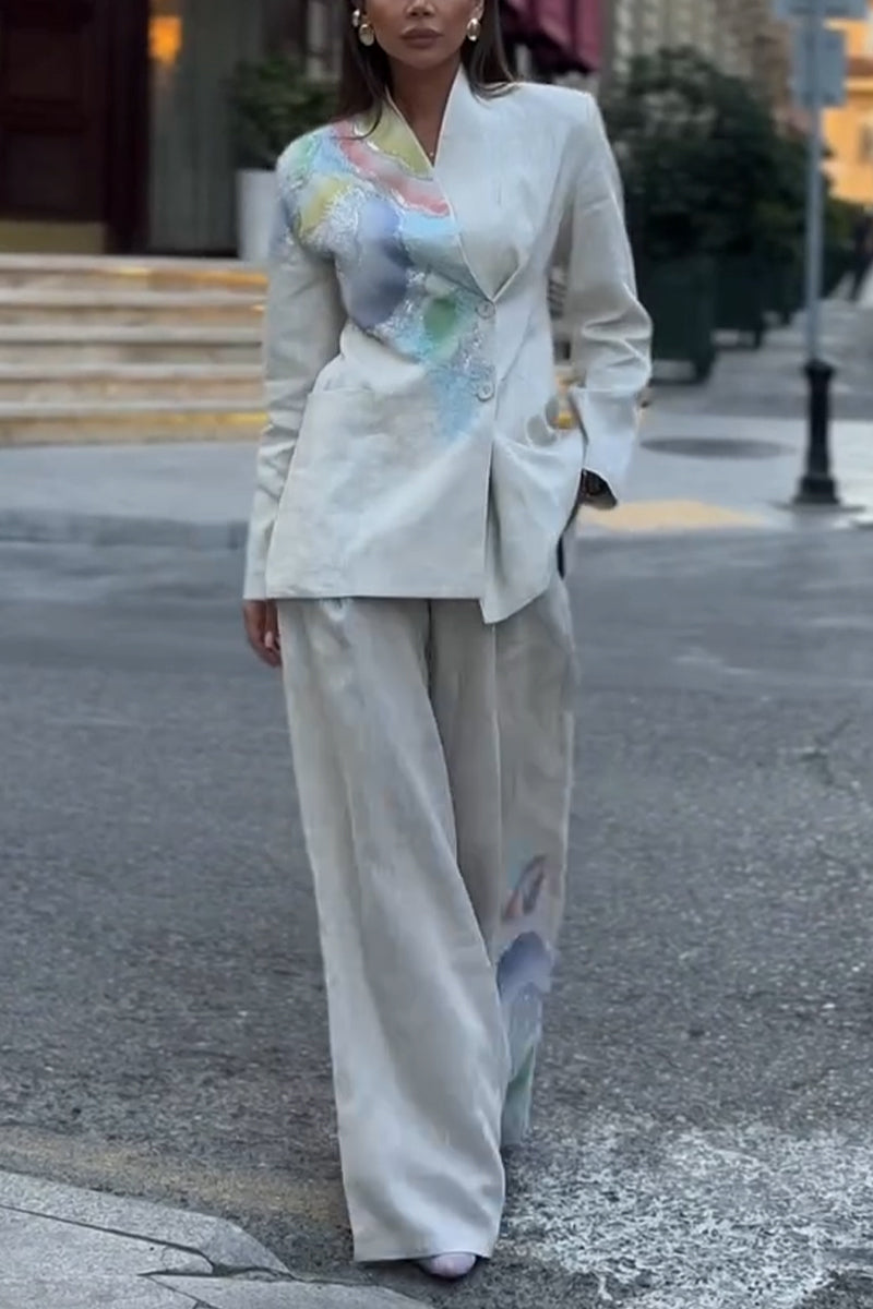 Women Round Neck Dyed Jacket + Wide Leg Pants Temperament Commuting Formal Suit