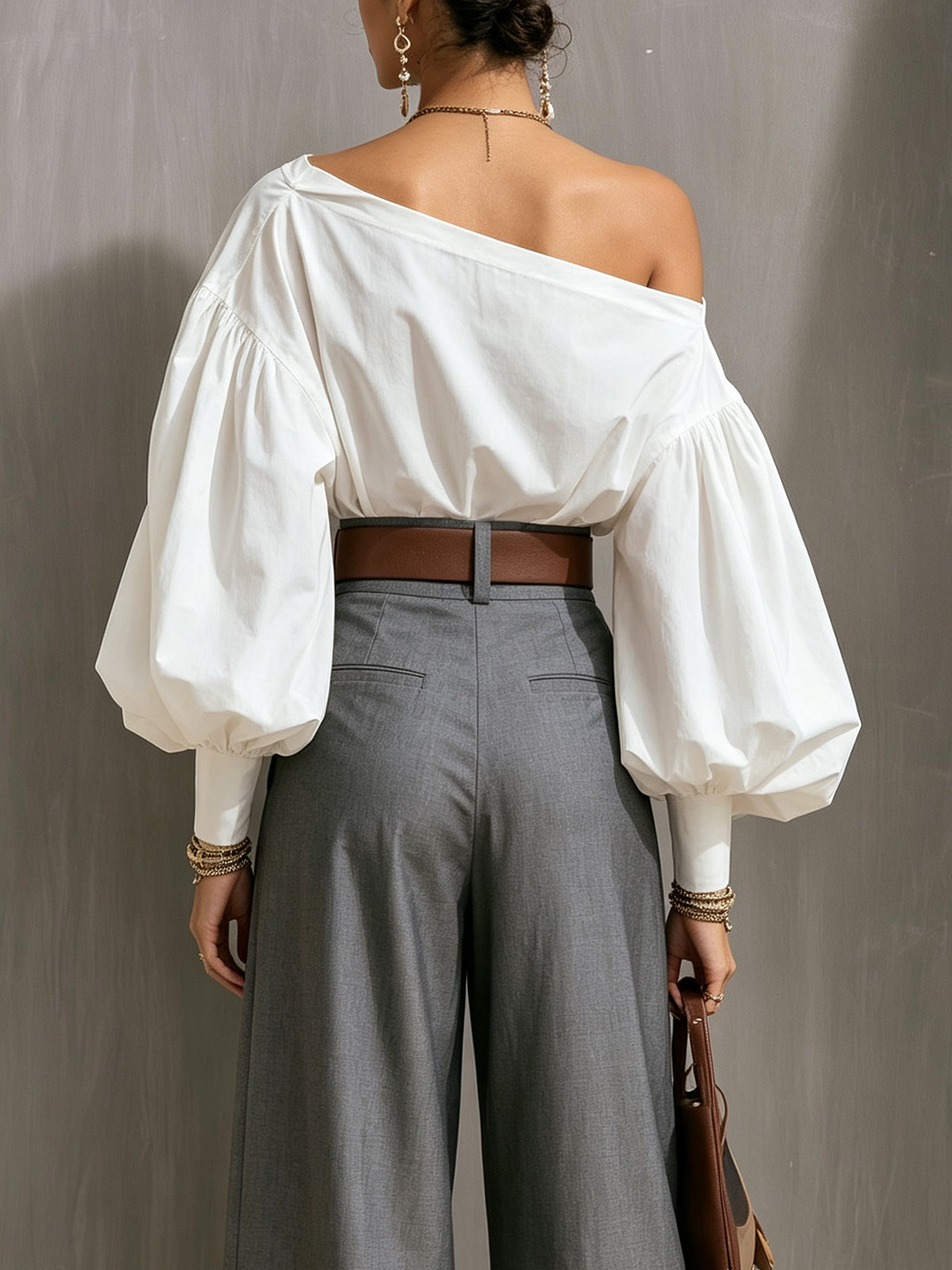 Ivory Off-Shoulder Balloon Sleeve Cotton Blouse