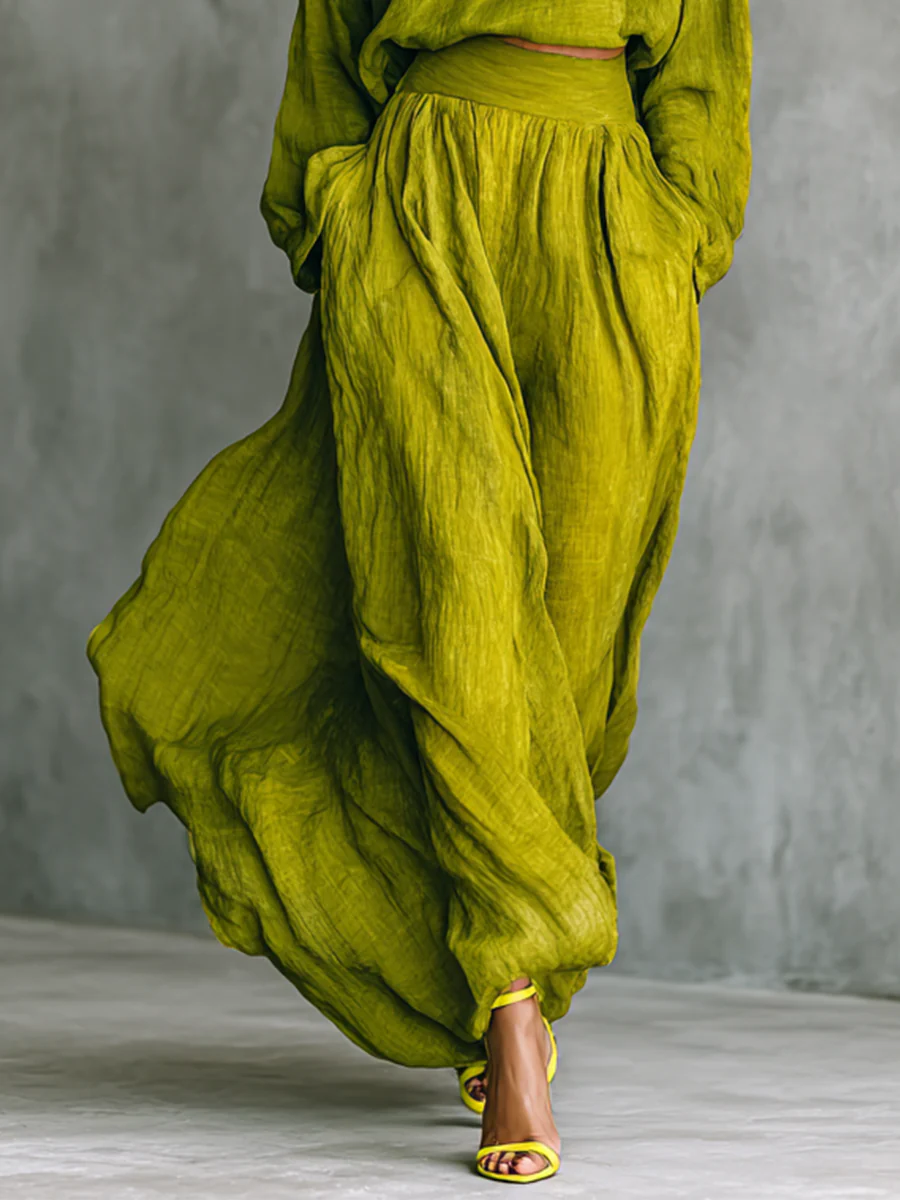 Green Turtleneck Top And High-waisted Skirt Set