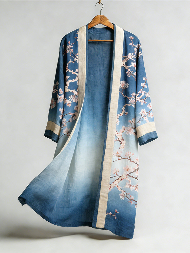 Retro Printed Art Linen Gradient Kimono
