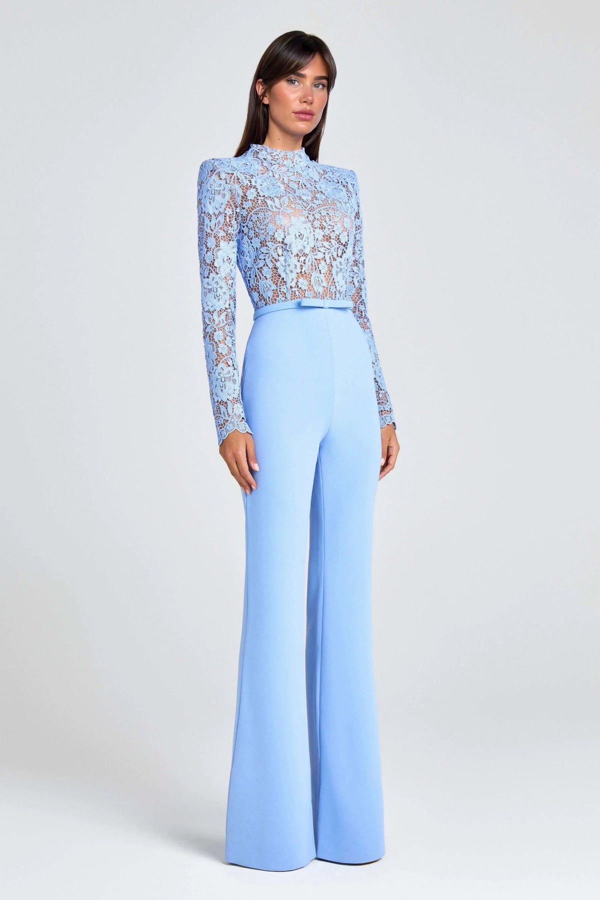 Elegant Party Charmer Flower Lace Patchwork Long Sleeve Bow Belted Flare Jumpsuit