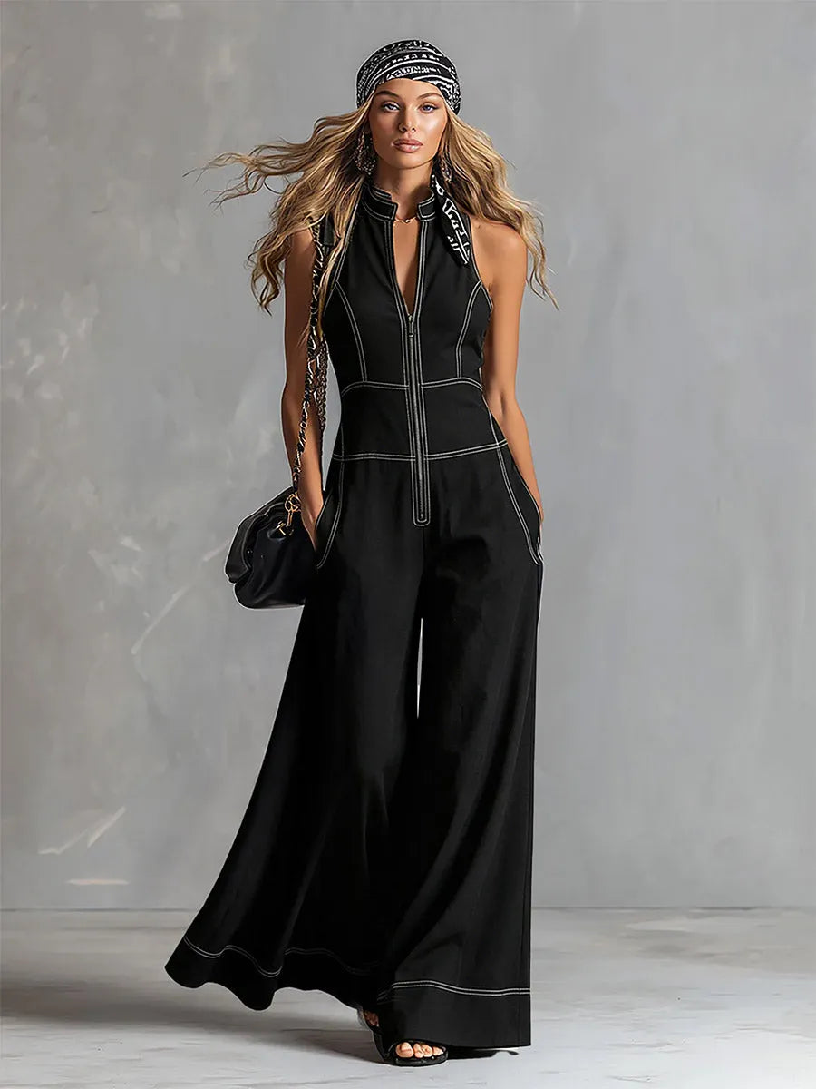 Stylish And Elegant Front-zip Black Tencel Denim Sleeveless Wide-leg Jumpsuit