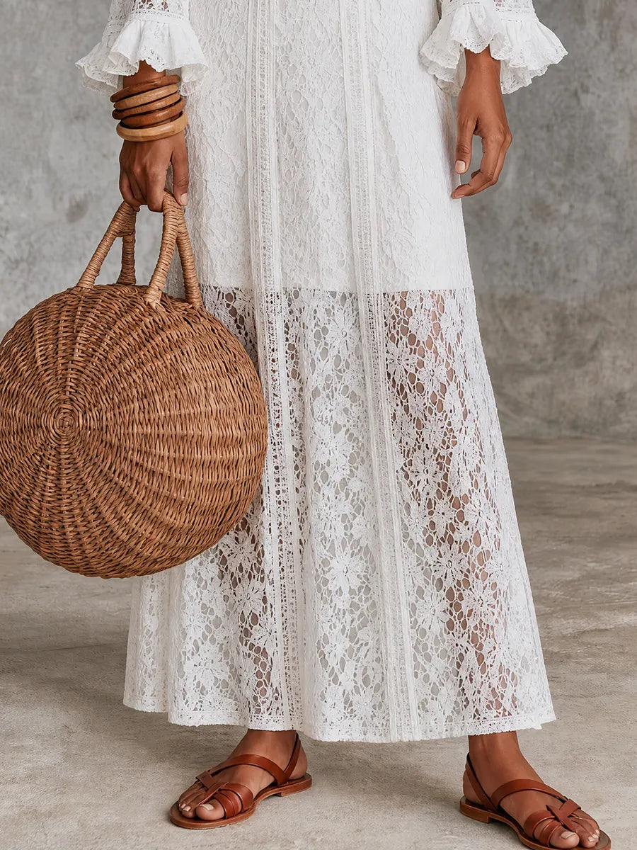 Coastal Boho Sheer Lace Long Sleeve Maxi Dress