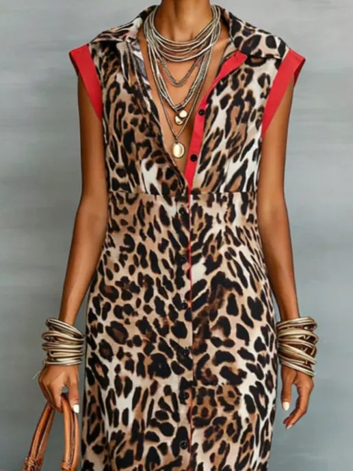Casual Leopard Colorblock Tailored Maxi Dress