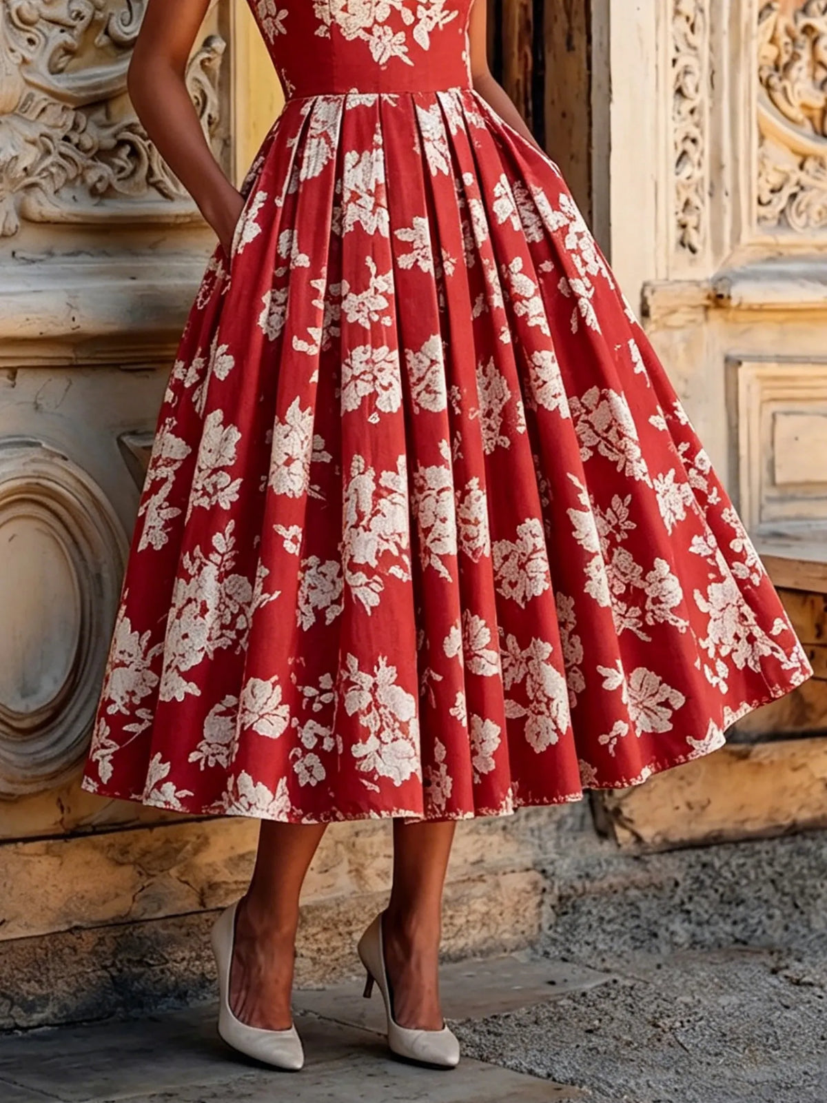 (SIZE:XS-XXL) Midi Linen Dress, Sleeveless, Linen Blend, Floral, Renaissance, Red