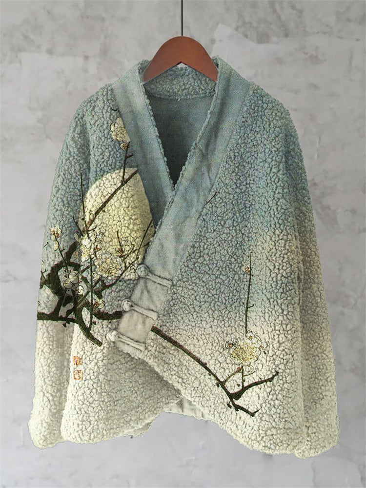 Plum Blossom Full Moon Japanese Art Cozy Fleece Kimono Cardigan