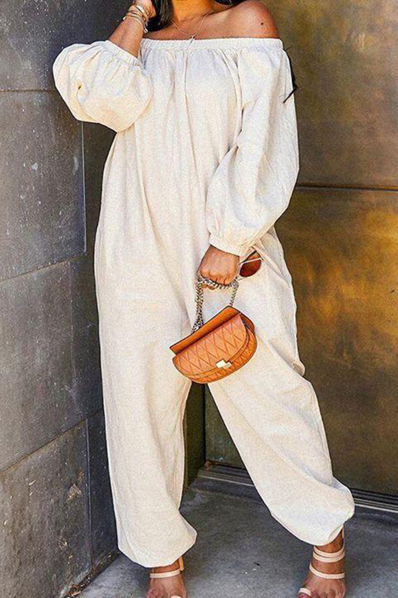 Women's Casual Off Shoulder Loose Fitting Wide Leg Jumpsuit With Pockets