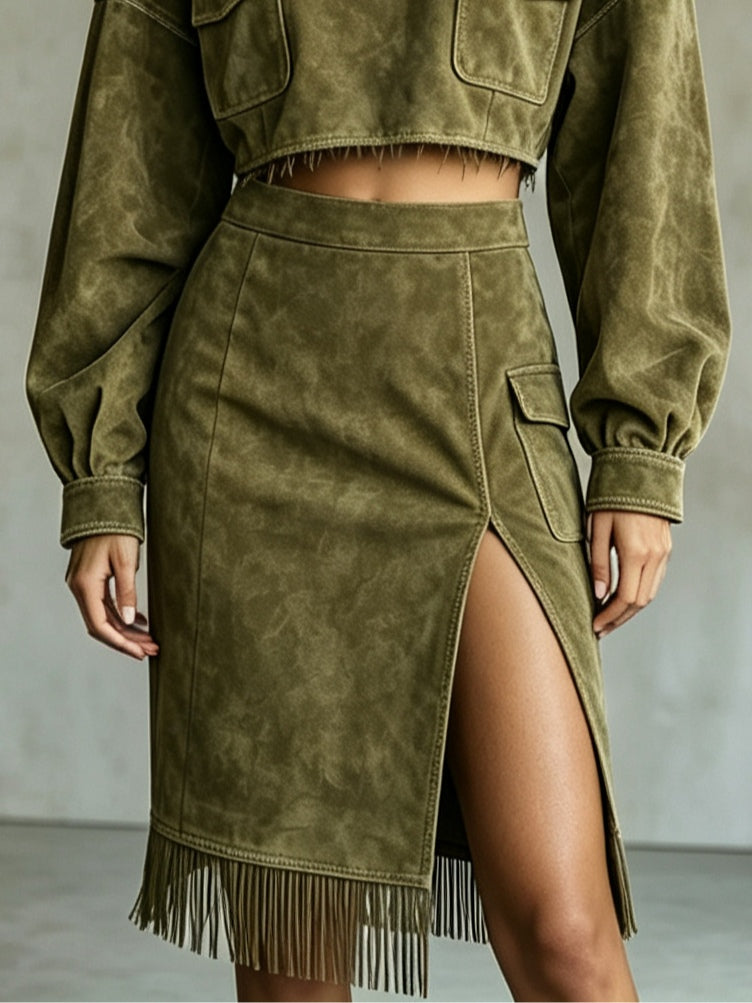 Faux Suede Mock-Neck Top and Fringed Slit Skirt Set