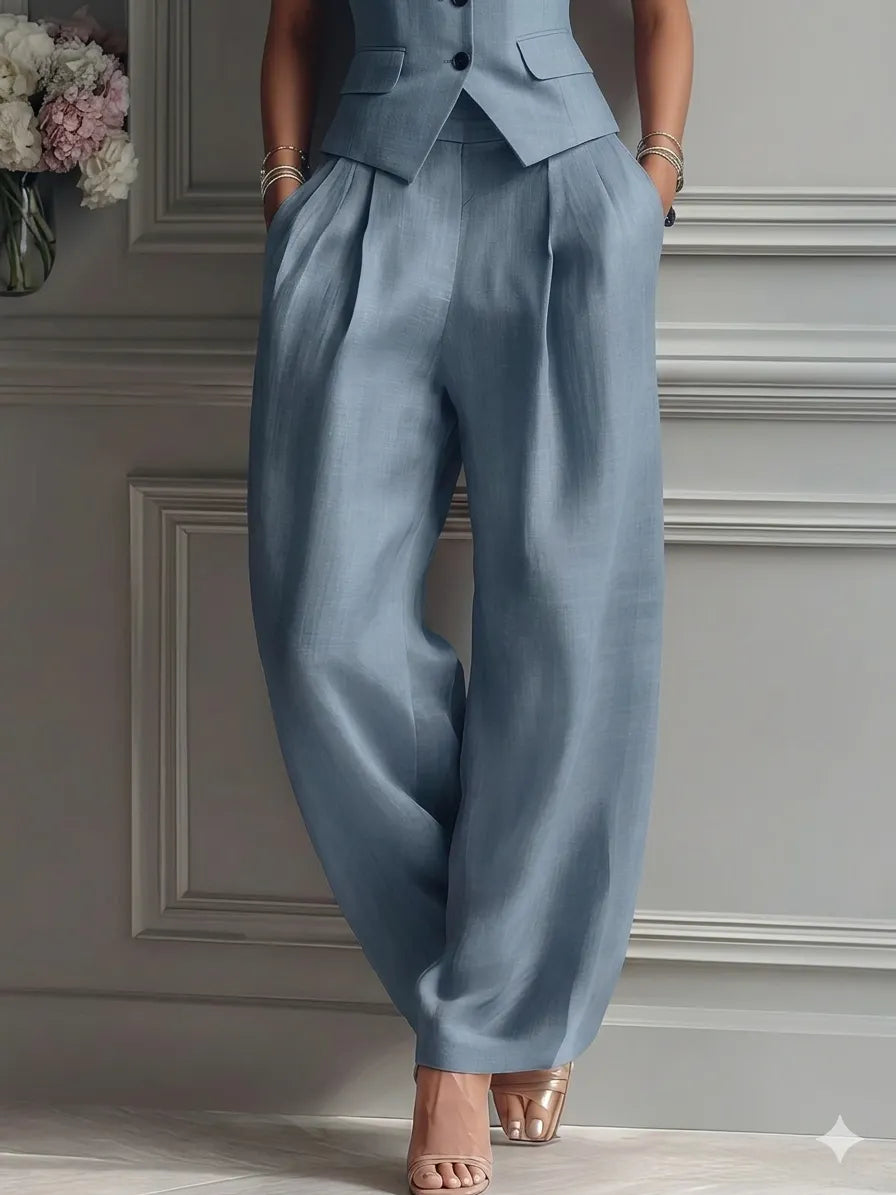 Women's Elegant Tailored Vest & Wide-Leg Pants Set - 2 Piece Chic Power Suit for Office & Leisure