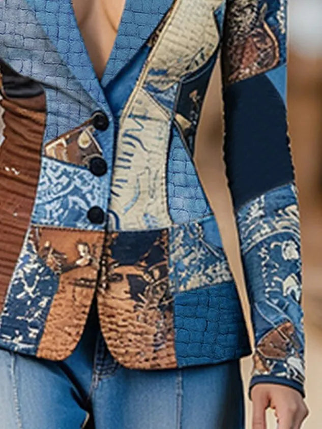 Stylewe Women Casual Natural X-Line Printed Blazer Lapel Collar Daily Spring