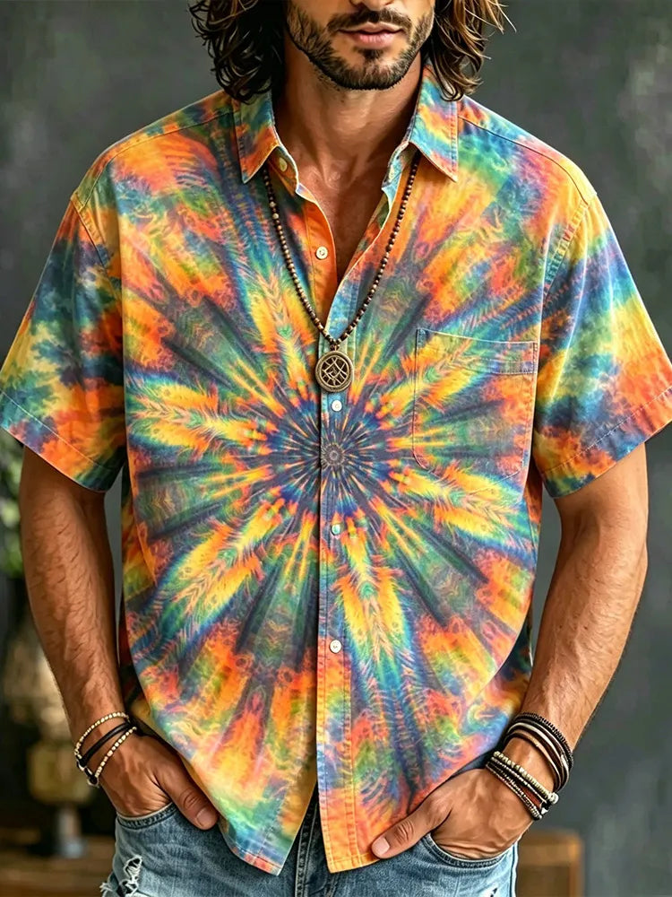 Hippie Bohemian Colorful Vacation Camp Collar Button Up Top