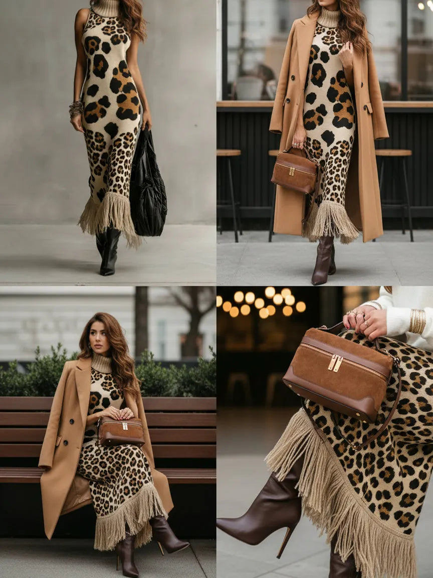 24-Hour-Shipping Brown Irregular Leopard Print Knitted Tassel Sleeveless Maxi Dress