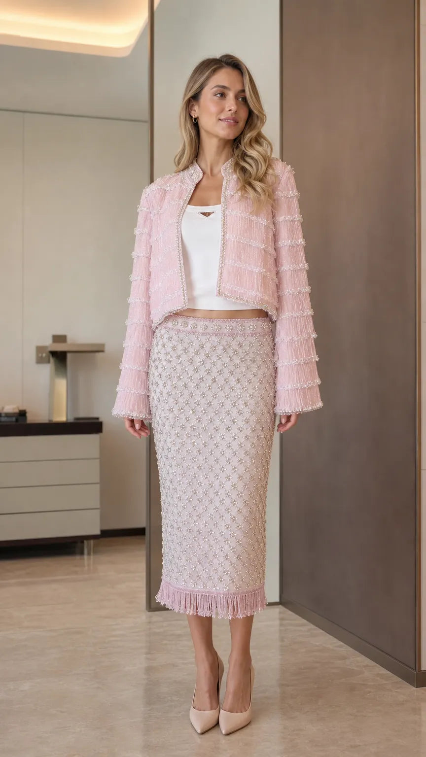 Elegance Tweed Open-Front Crop Jacket & Midi Skirt Set