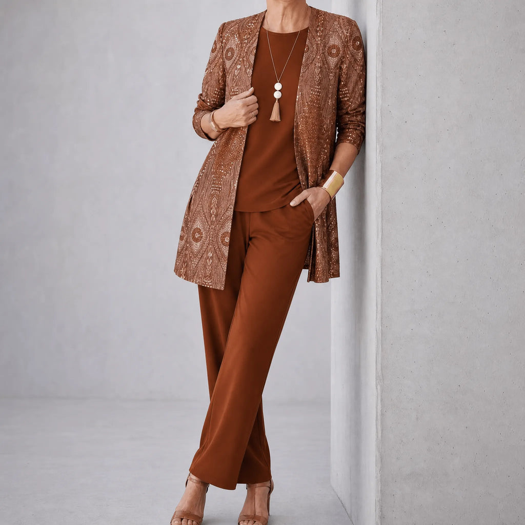 Trielle – Women's 3-Piece Printed Pantsuit Set, Duster, Shell and Wide-Leg Pants