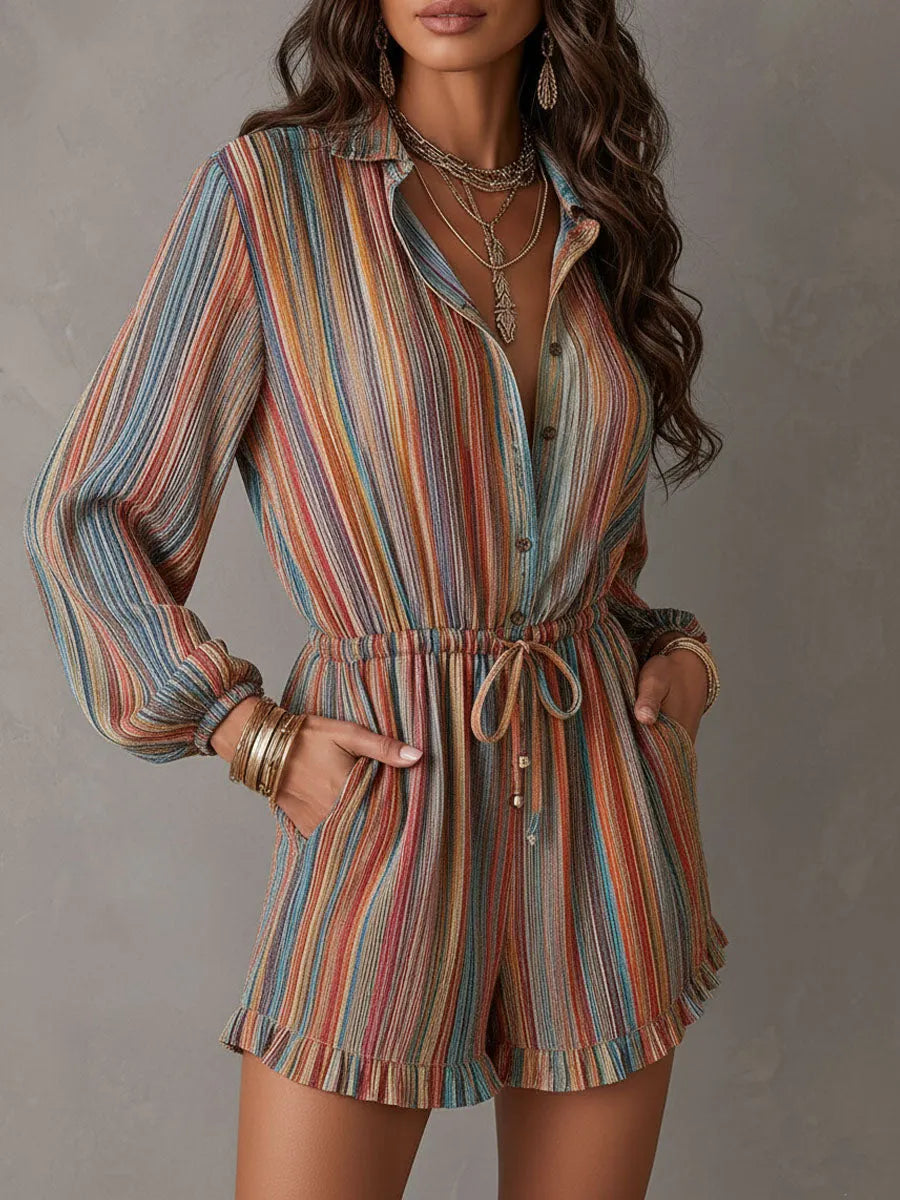 Boho Rainbow Stripe Cotton Linen Blend Drawstring Waist Romper