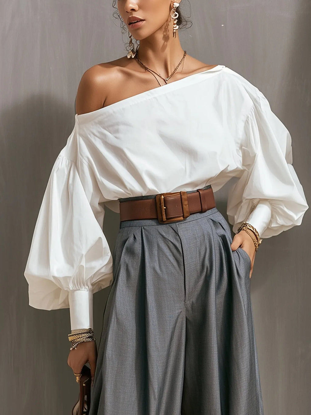 Ivory Off-Shoulder Balloon Sleeve Cotton Blouse