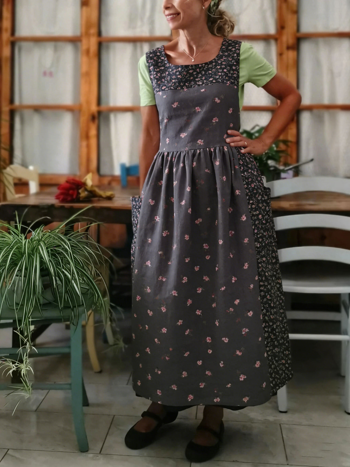 Dusty Gray & Pink Floral Patchwork Apron