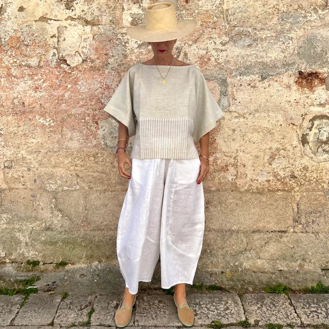 Jill Top New - French Bateau Neck Color-Blocked Striped Linen Blouse | Dadihouse
