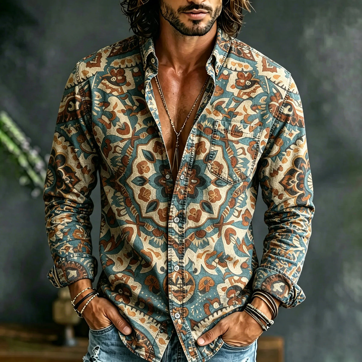 Men's Retro Ethnic Floral Design Long-sleeved Cotton Linen Shirt