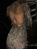 Sequined Long Sleeve Loose Tasseled Backless Fashion Evening Mini Dress