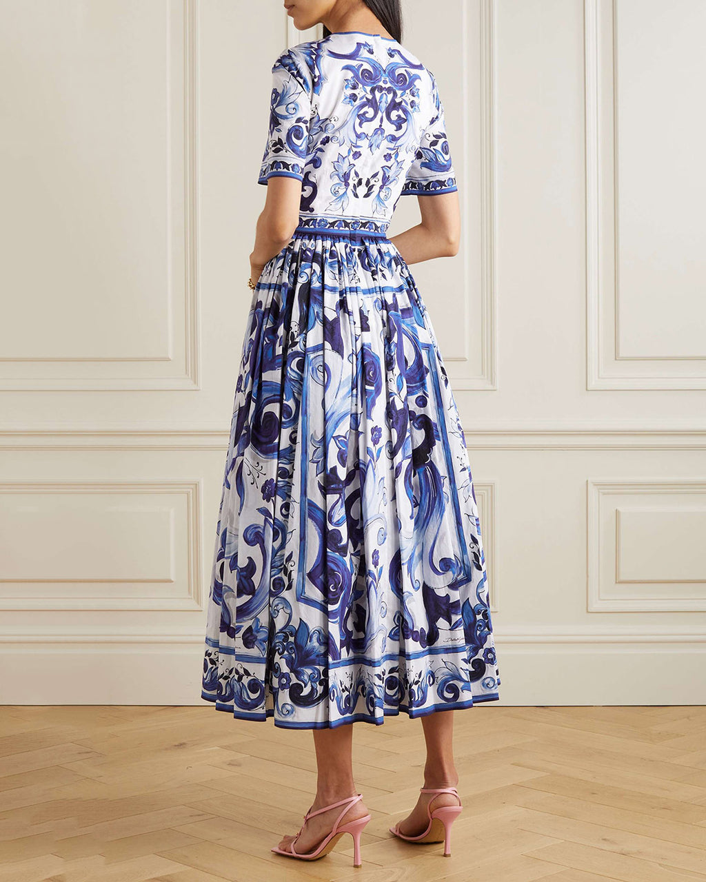 printed silk round neck midi dress