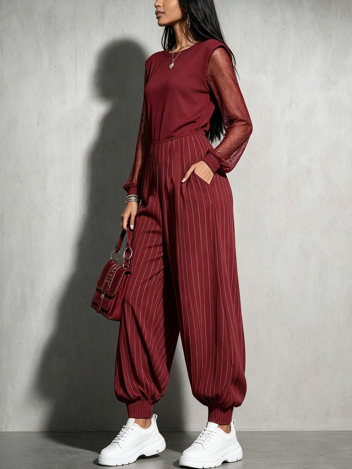 Wine Red Mesh Sleeve Pinstripe Harem Jumpsuit