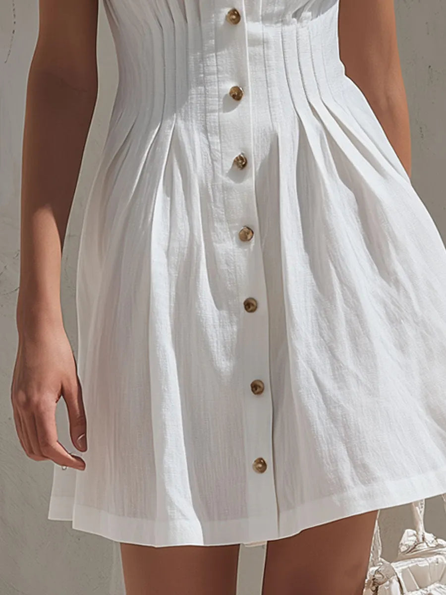 Casual Retro White Sleeveless Collared Button-down Pleated Cotton Linen Mini Dress