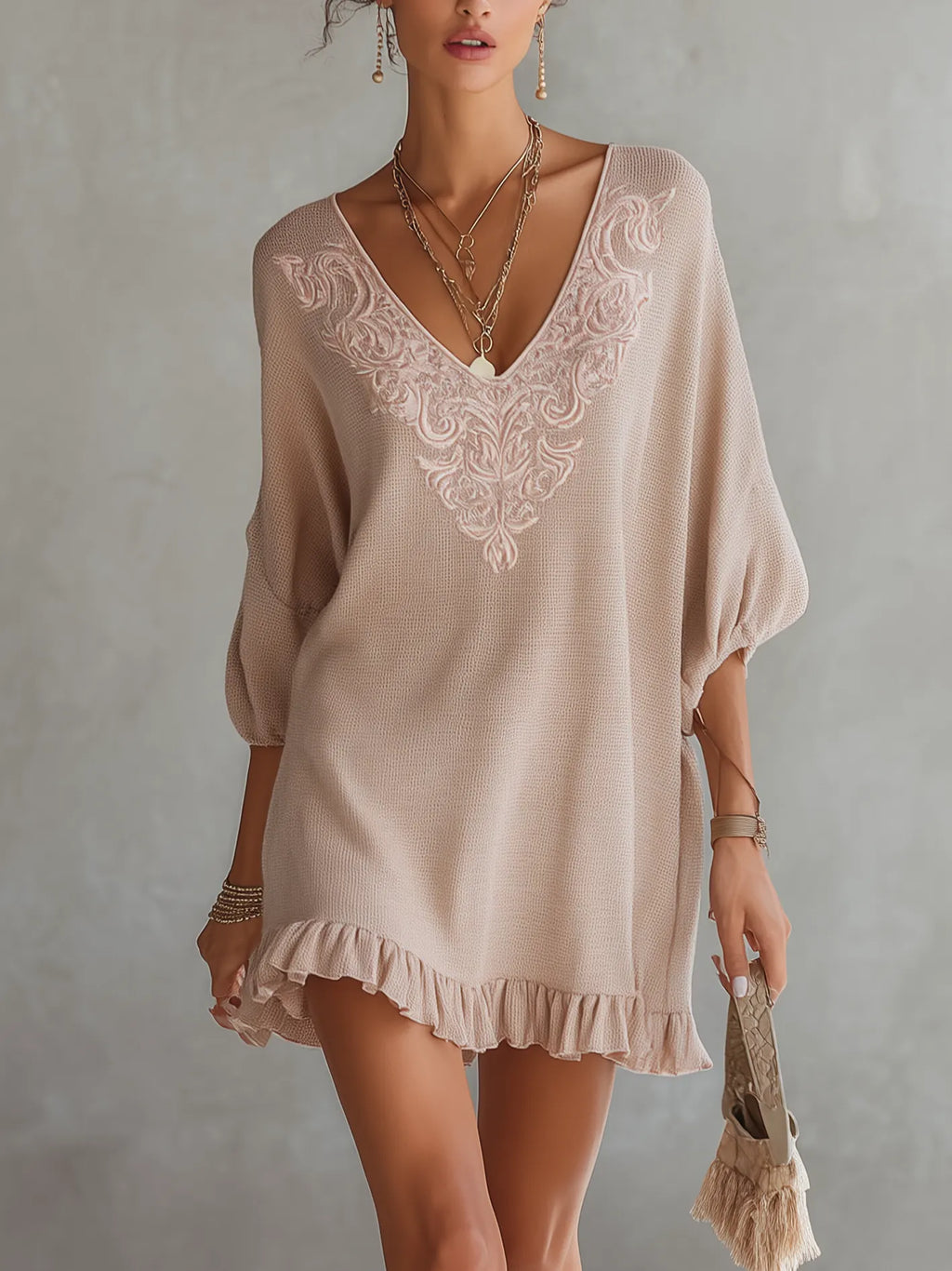 Vintage Embroidered Blush Pink Knit Mini Dress With Ruffle Hem