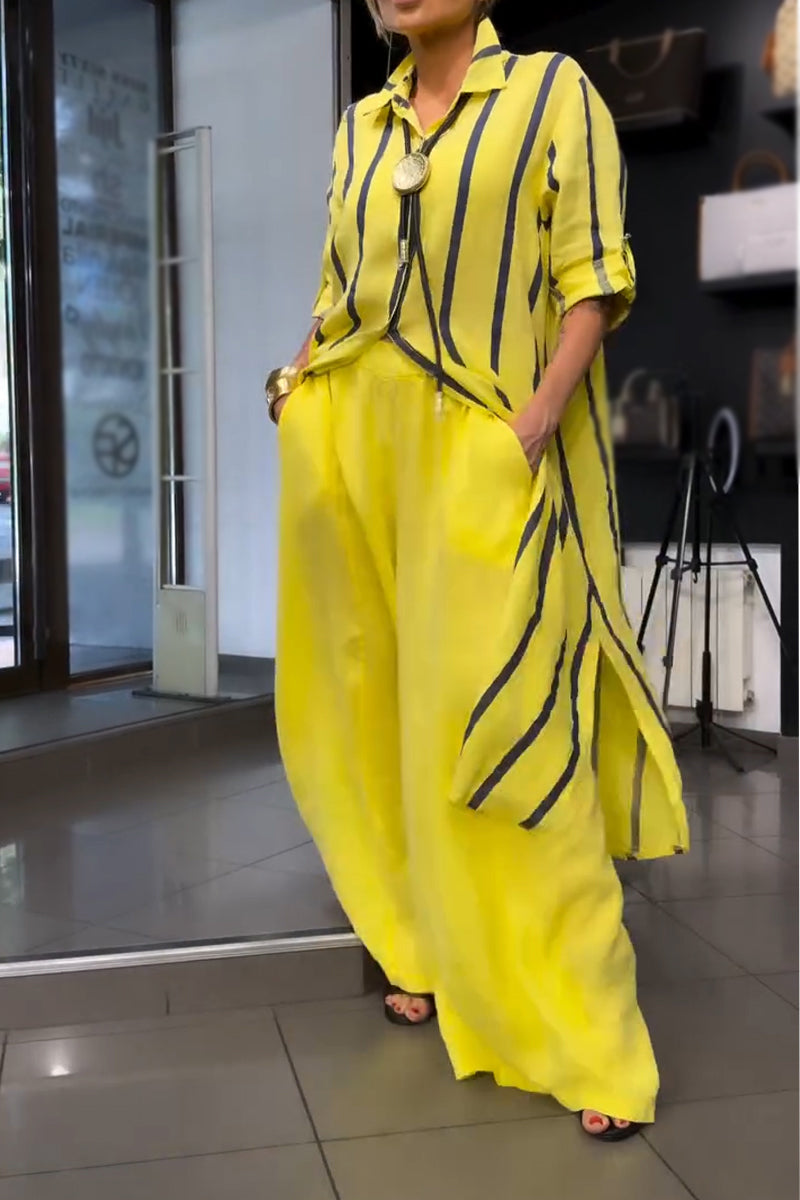 Women Collar Vertical Stripe Long Top+ Wide Leg Pants Loose Casual Cotton and Linen Set
