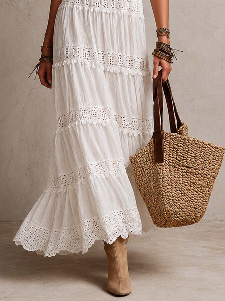 Bohemian Vacation-Style Halter-Neck Cutout Lace Maxi Dress