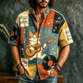 Men's Hippie Peace And Love Music With Cute Cat Patchwork Art Print Casual Shirt